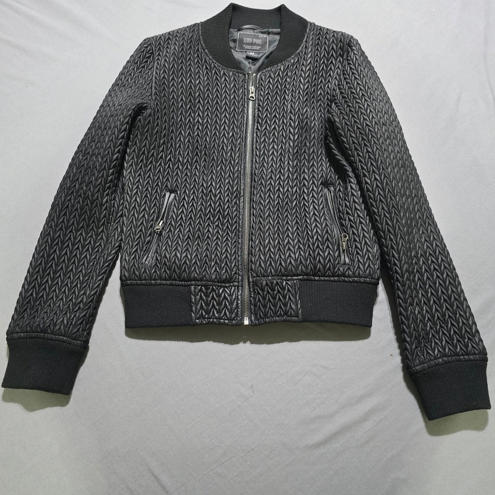 RED FOX womens Medium Black Textured Bomber Jacket Grunge Gothic biker
